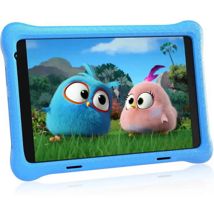 “7-inch Android kids tablet in a blue shockproof case showing animated learning graphics on screen – children’s educational tablet”