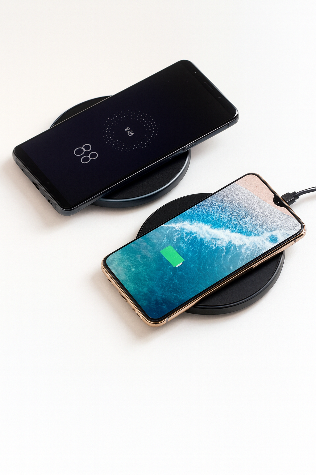 Two wireless chargers with smartphones on a white background
