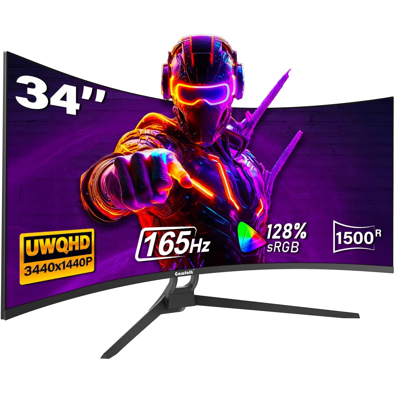 “Curved gaming monitor showing 165Hz refresh rate, 128% sRGB color, and 1440p resolution with a futuristic character graphic.”
