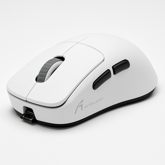 White computer mouse with a brand logo on a light gray background