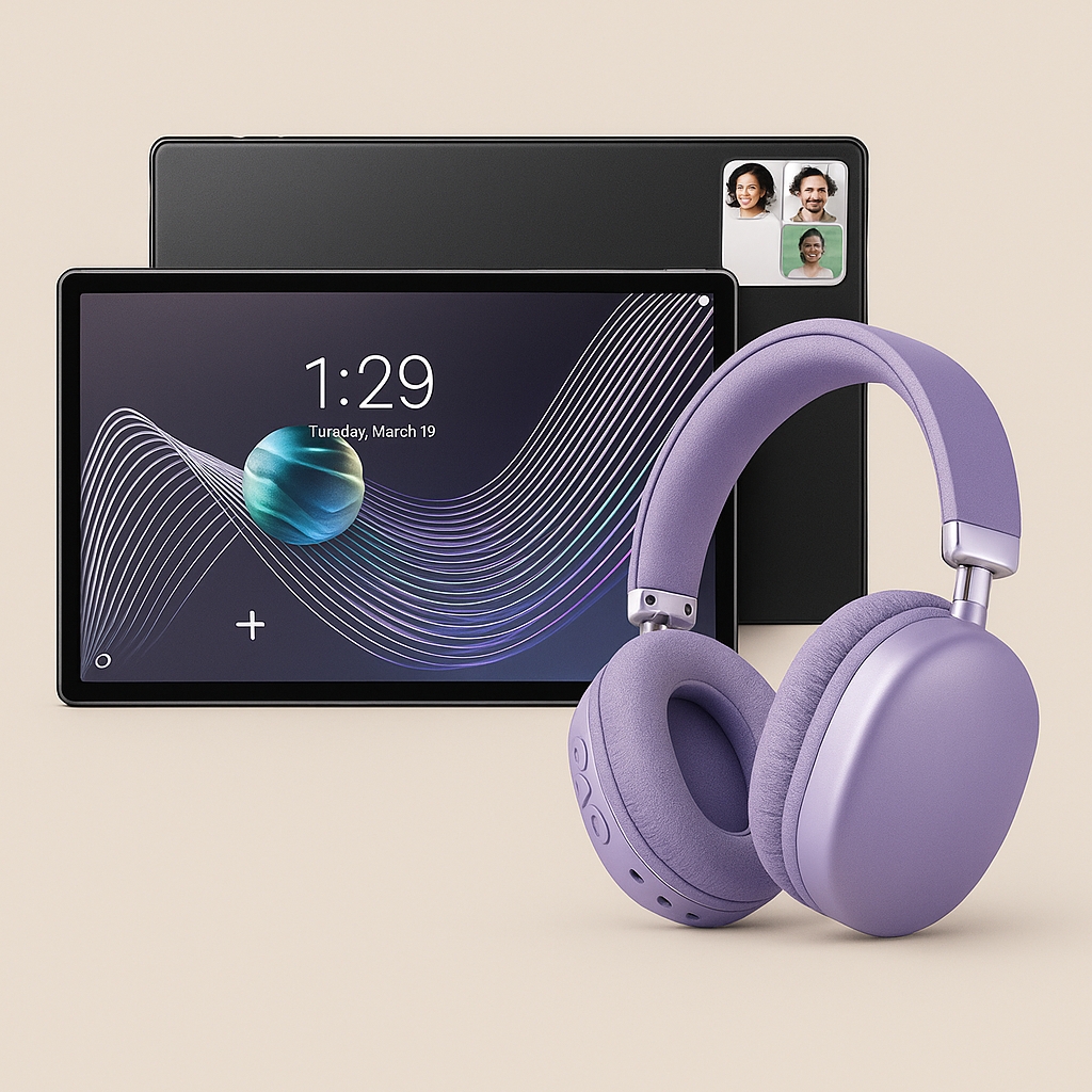 “Tablet with wireless headphones – premium tech bundle in multiple colors.”