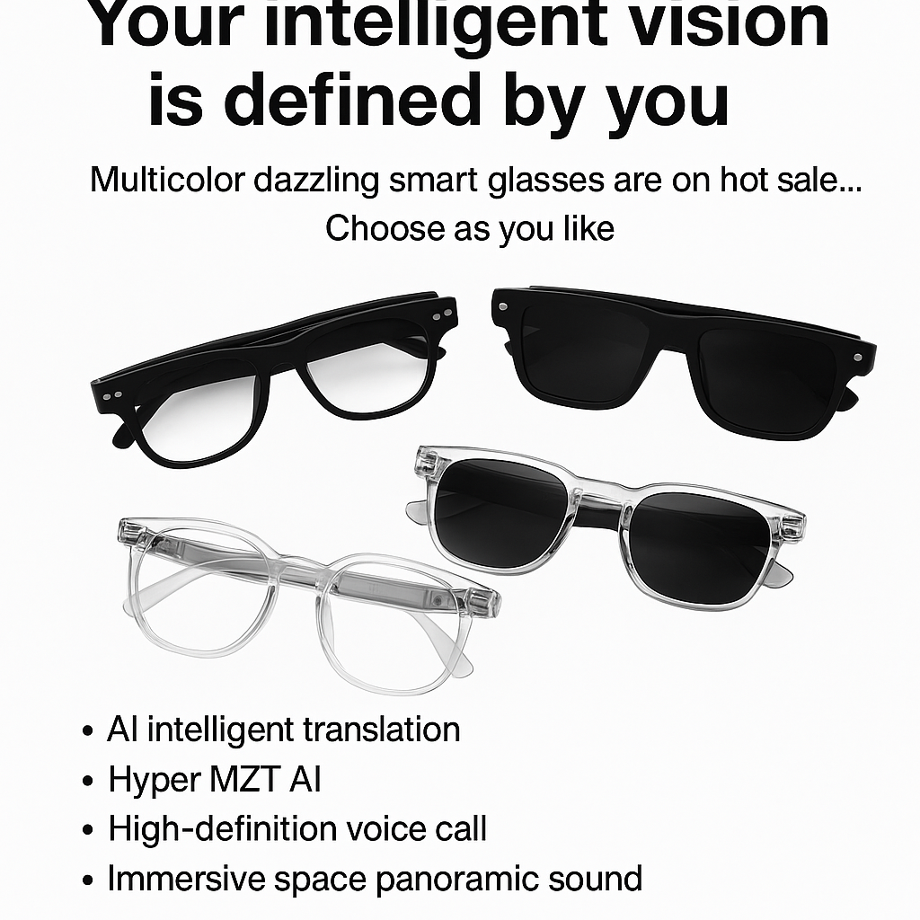 Advertisement for multicolor smart glasses with text about features and sale.