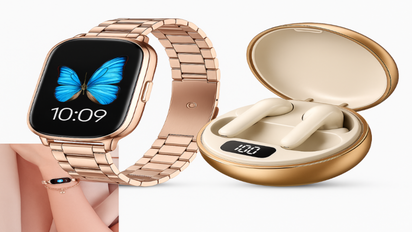“Rose gold smartwatch and wireless earbuds bundle — elegant tech gift set for women, fitness and everyday style.”
