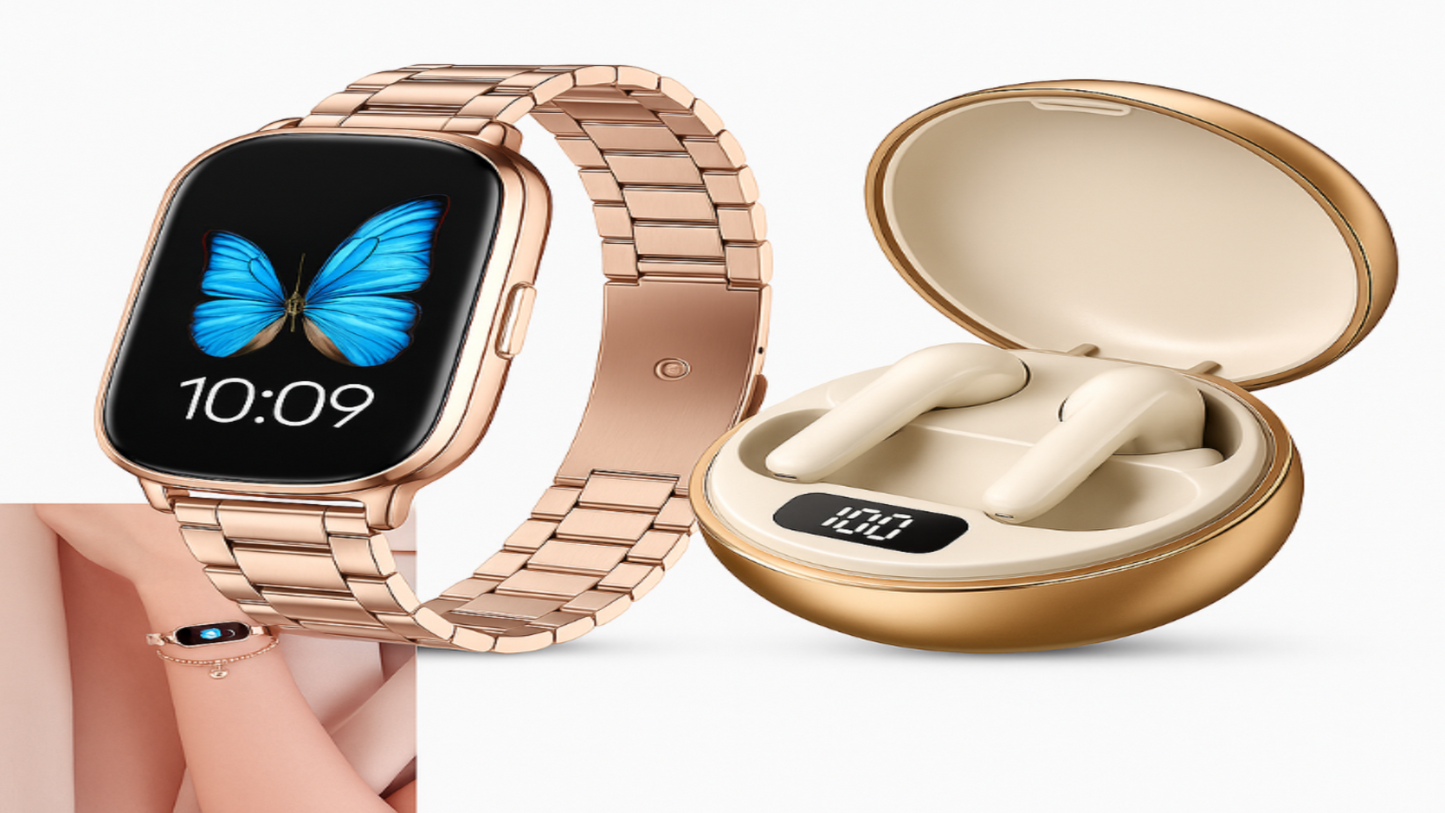 “Rose gold smartwatch and wireless earbuds bundle — elegant tech gift set for women, fitness and everyday style.”
