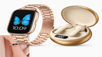 “Rose gold smartwatch and wireless earbuds bundle — elegant tech gift set for women, fitness and everyday style.”
