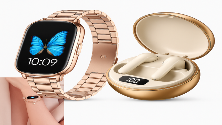 “Rose gold smartwatch and wireless earbuds bundle — elegant tech gift set for women, fitness and everyday style.”
