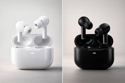White and black wireless earbuds with charging cases on a light gray background