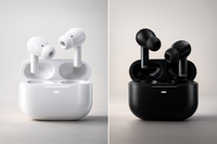 White and black wireless earbuds with charging cases on a light gray background