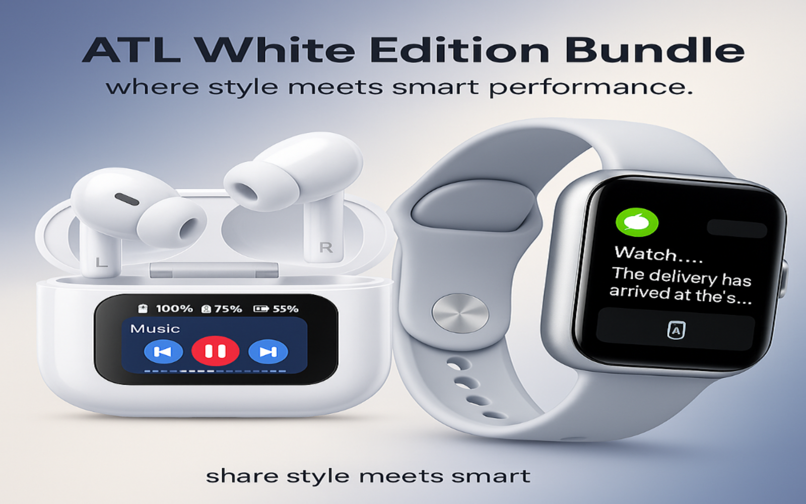 ALT: ATL White Edition Smartwatch and Wireless Earbuds Bundle on gradient background, showcasing sleek white design.
