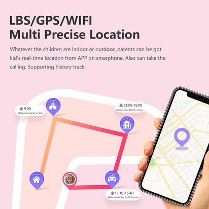 Smartphone displaying a location tracking app with a pink background and text about LBS, GPS, and WIFI multi-precise location tracking.