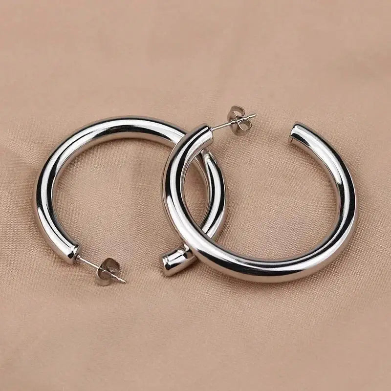 Silver thick hoop earrings for women