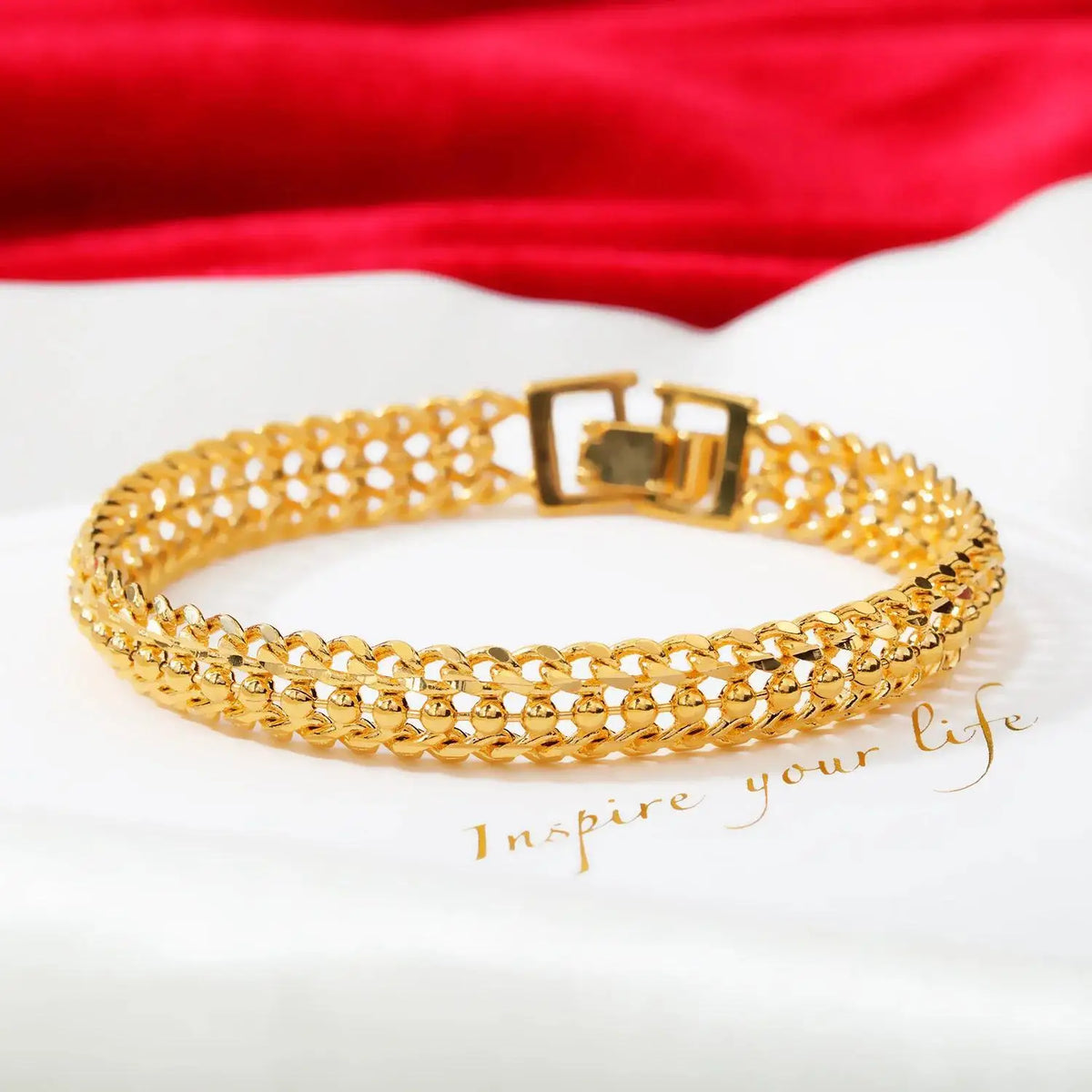 18K gold-plated elegant woven link bracelet close-up