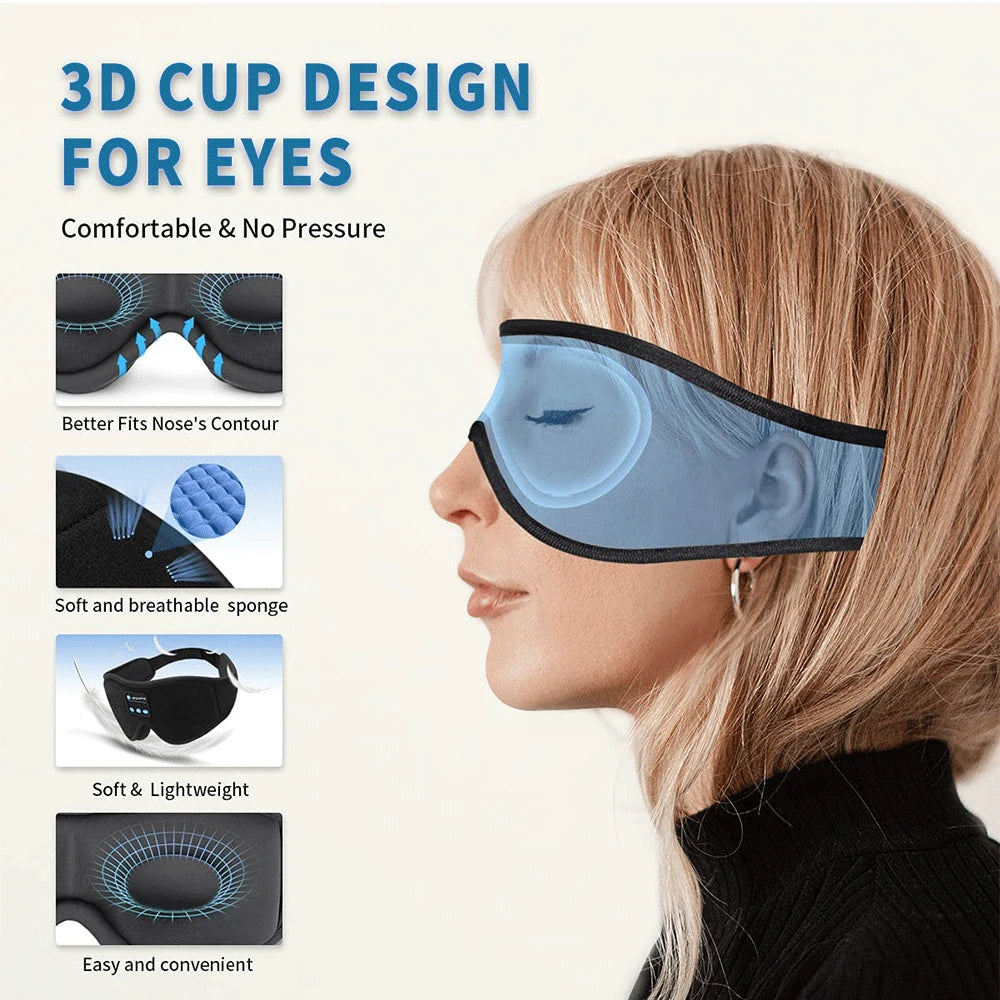 “Wireless music sleep mask worn by woman resting”