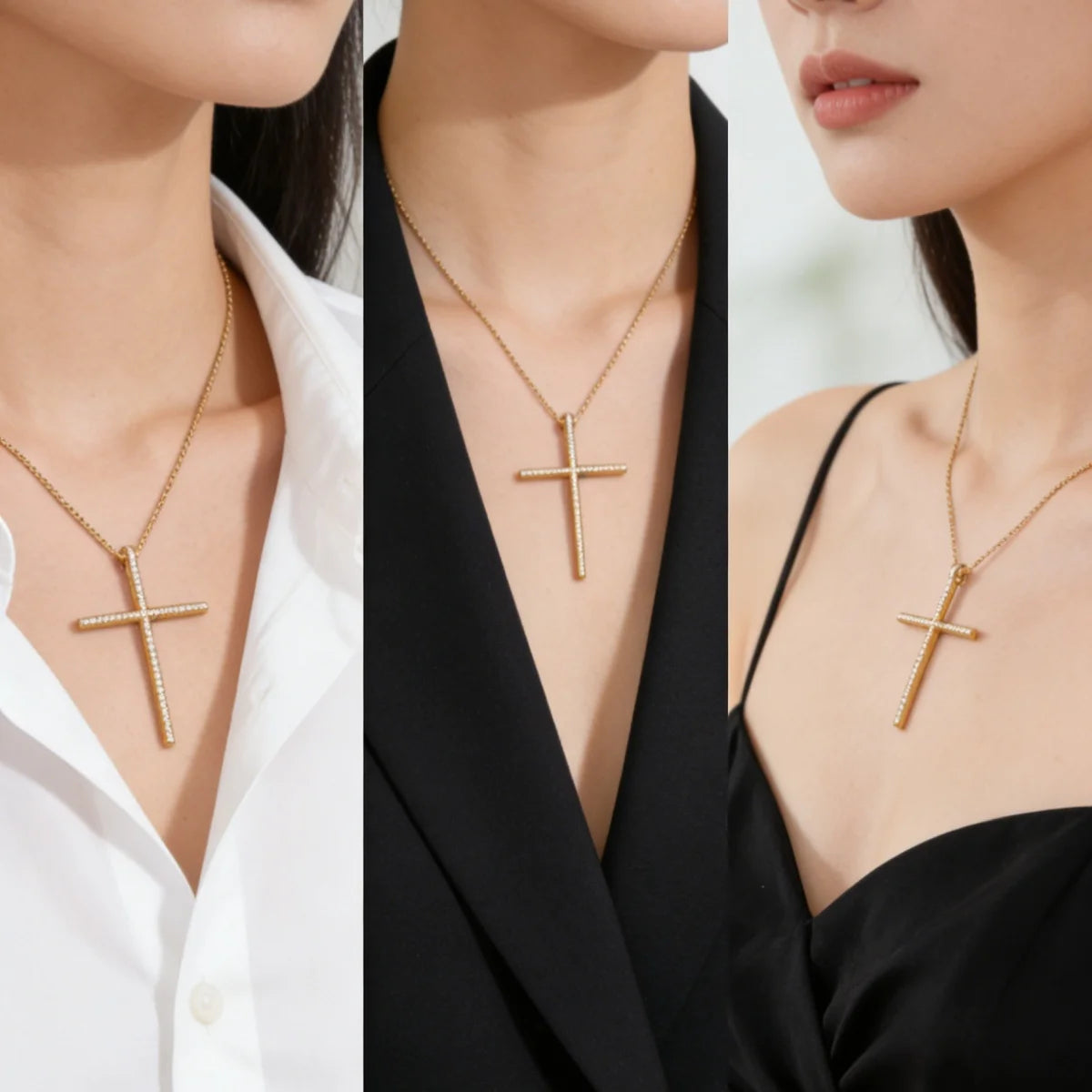 Three close-up views of a woman wearing a gold cross pendant necklace on a fine chain, styled with a white collared shirt, a black blazer, and a black spaghetti-strap top.