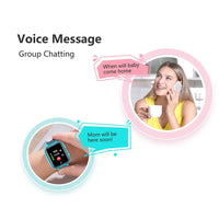 Smartwatch with text bubbles indicating voice message communication between a woman and another person.