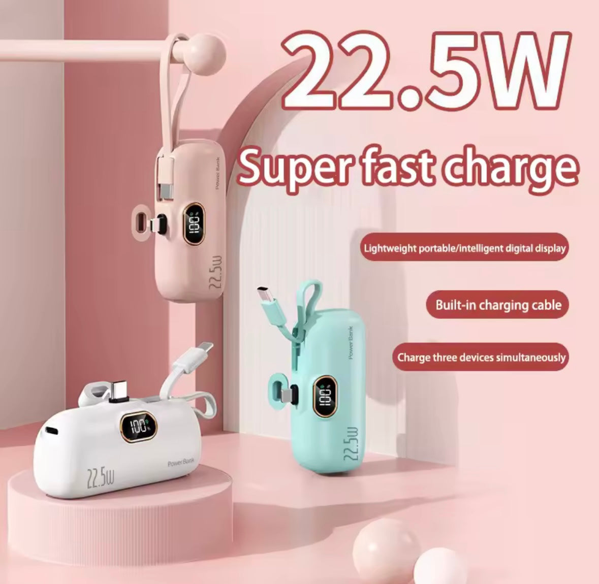 Pink 30000mAh mini capsule power bank with digital display – Lynda Kay’s Shop