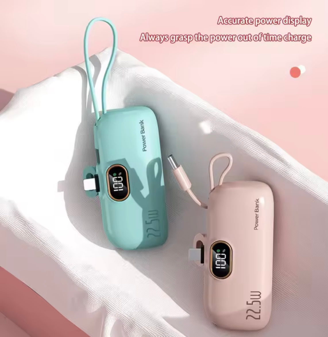 Two power banks, one blue and one pink, with digital displays on a white surface- Lynda Kay's Shop