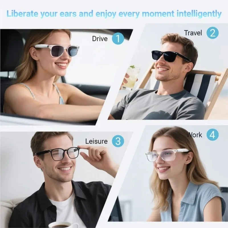 People wearing glasses in different scenarios with text indicating use cases.