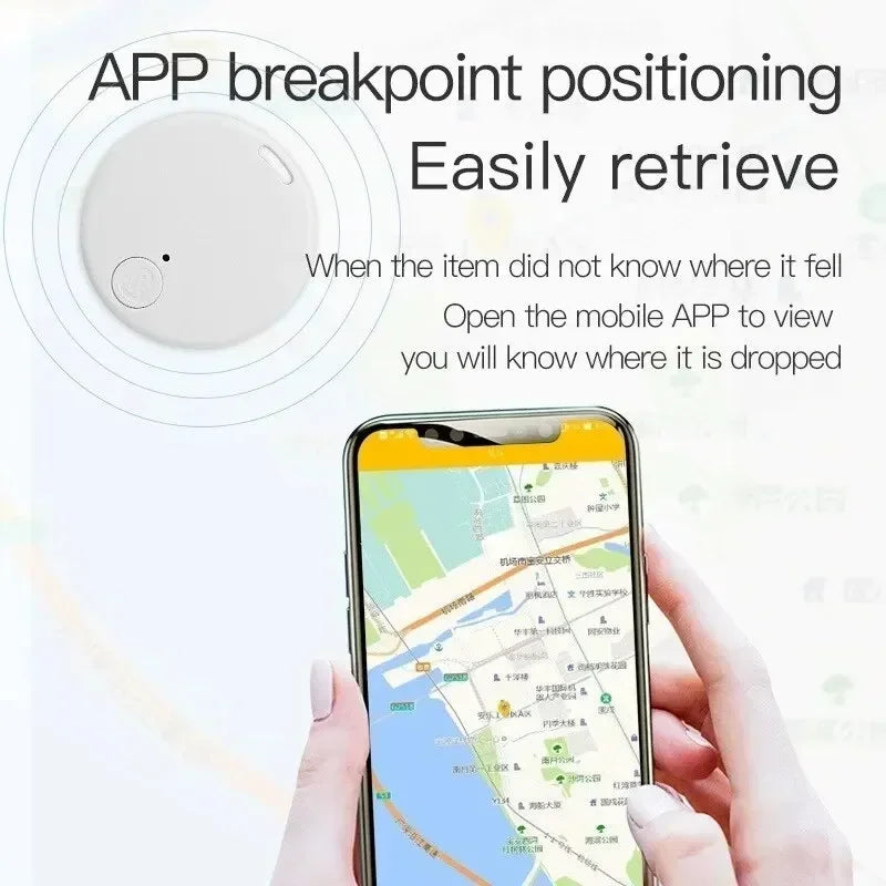 “Smartphone displaying location map connected to mini Bluetooth GPS tracker.”