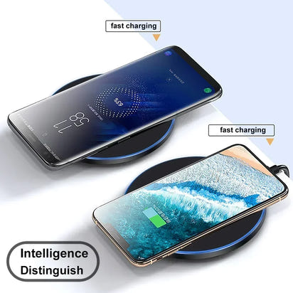 “Slim wireless charging pad with a smartphone placed on top.”
