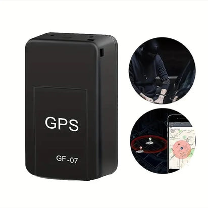Black GPS tracker with inset images of installation and app interface on a white background