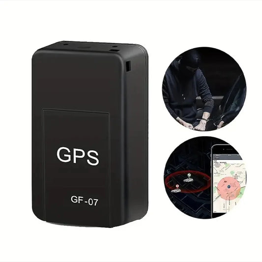 Black GPS tracker with inset images of installation and app interface on a white background