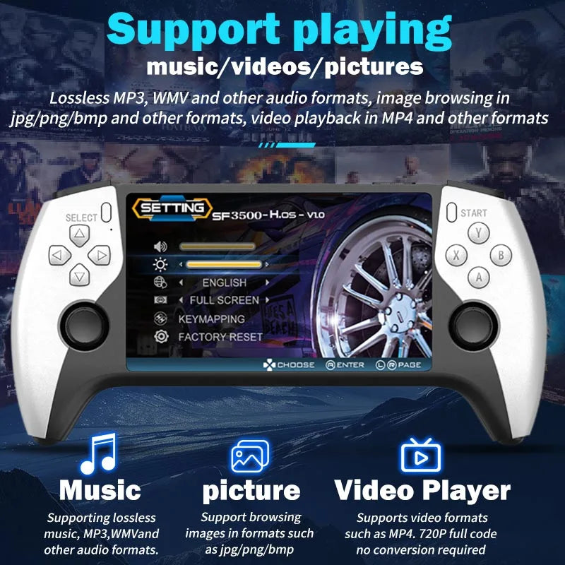 Handheld gaming console with display and control buttons, featuring text about multimedia support.