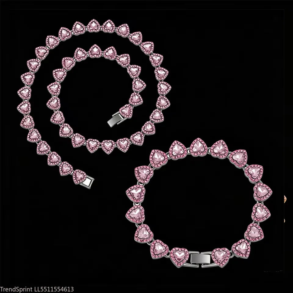 Pink heart rhinestone necklace and bracelet set with silver-tone settings