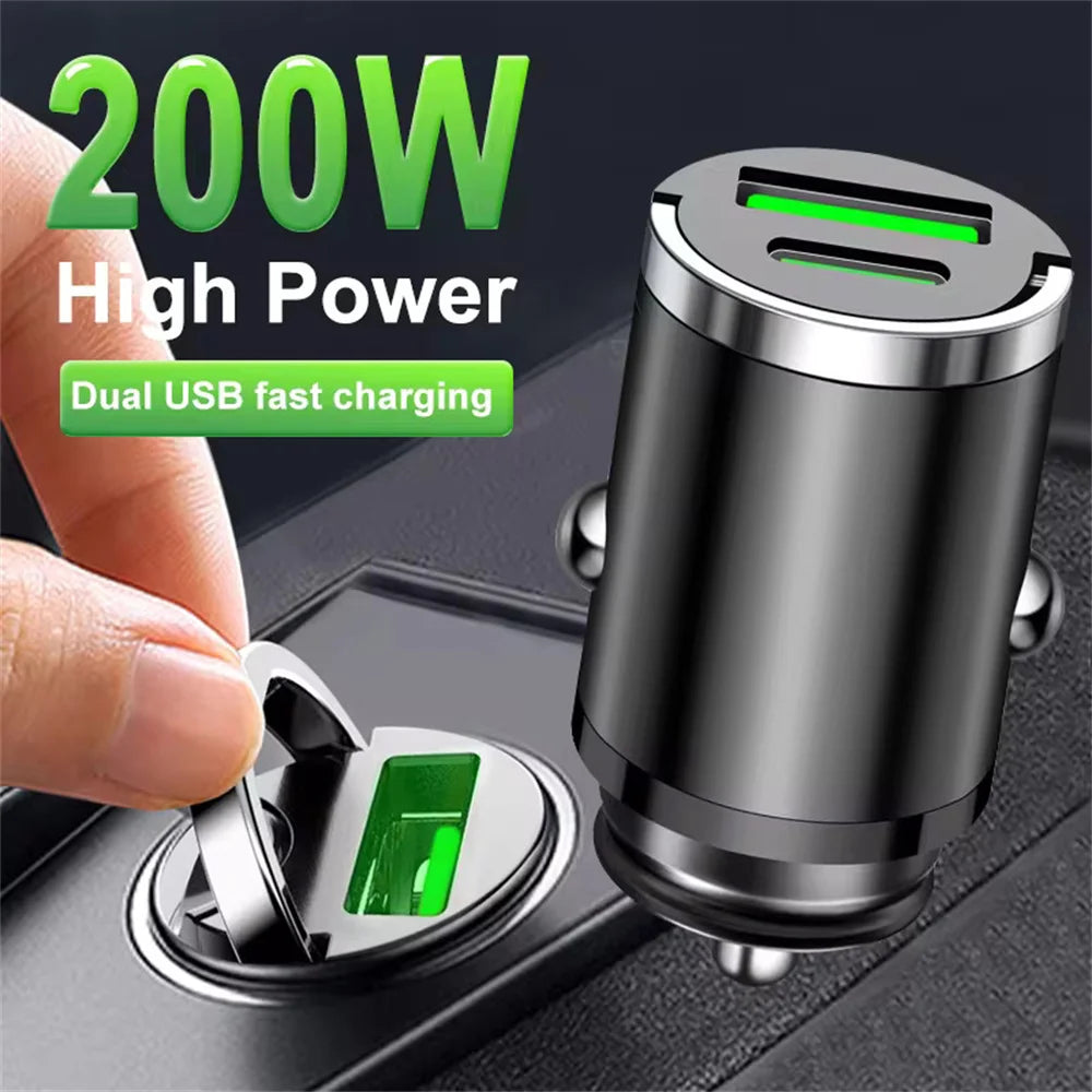 Car charger with dual USB ports and '200W High Power' text on a dark background