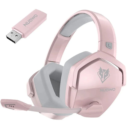 Pink wireless gaming headset with soft padded ear cushions and microphone.