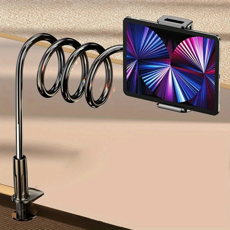 Metallic gooseneck lamp with a colorful screen on a beige background