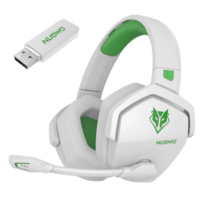 White wireless gaming headset with LED lights and cushioned ear cups.