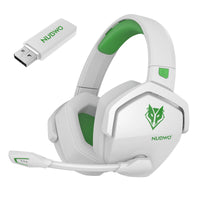 White wireless gaming headset with LED lights and cushioned ear cups.