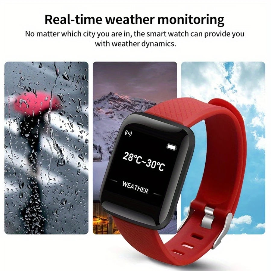 Smartwatch with red band displaying weather information, surrounded by images of a rainy day, snowy landscape, and clear sky.