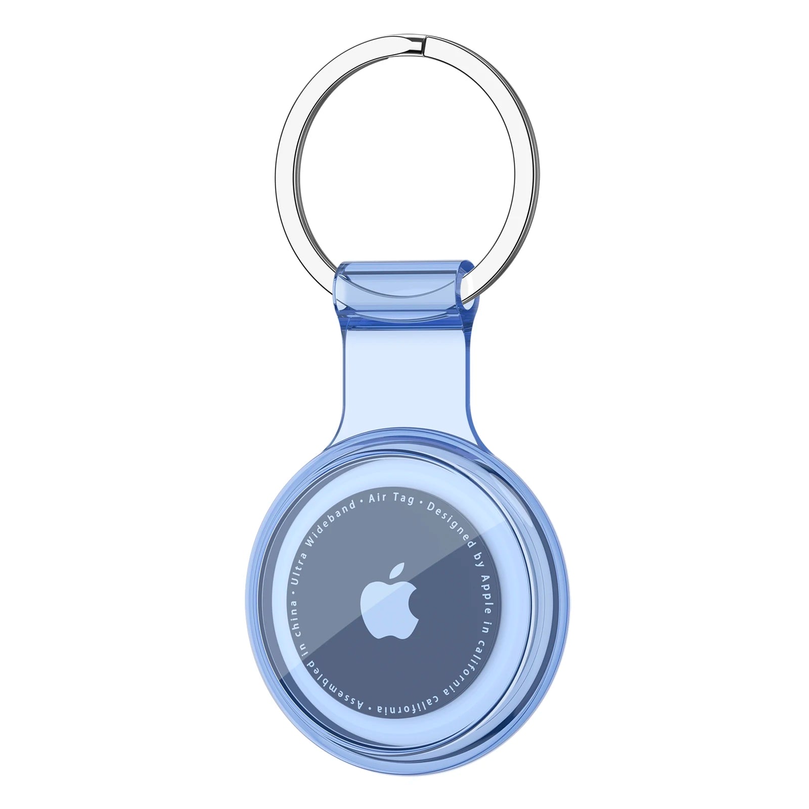 Blue Apple AirTag holder with keychain on a white background