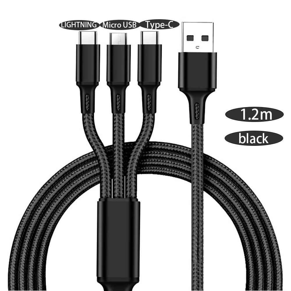 Black multi-port charging cable with different connectors on a white background
