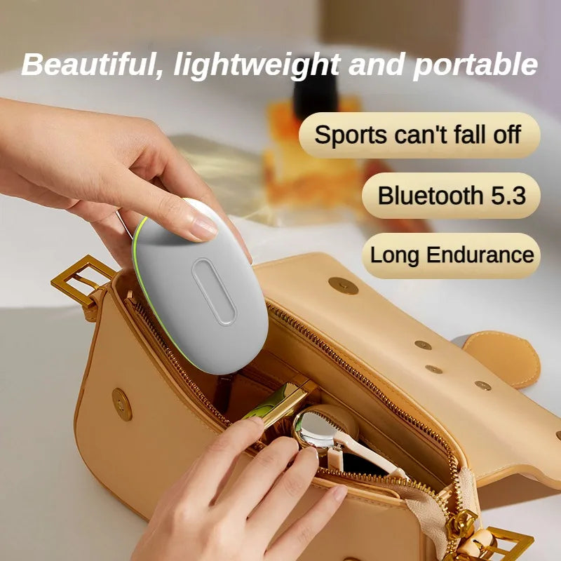 Hand placing a wireless earbud case into an open handbag with text highlighting features.