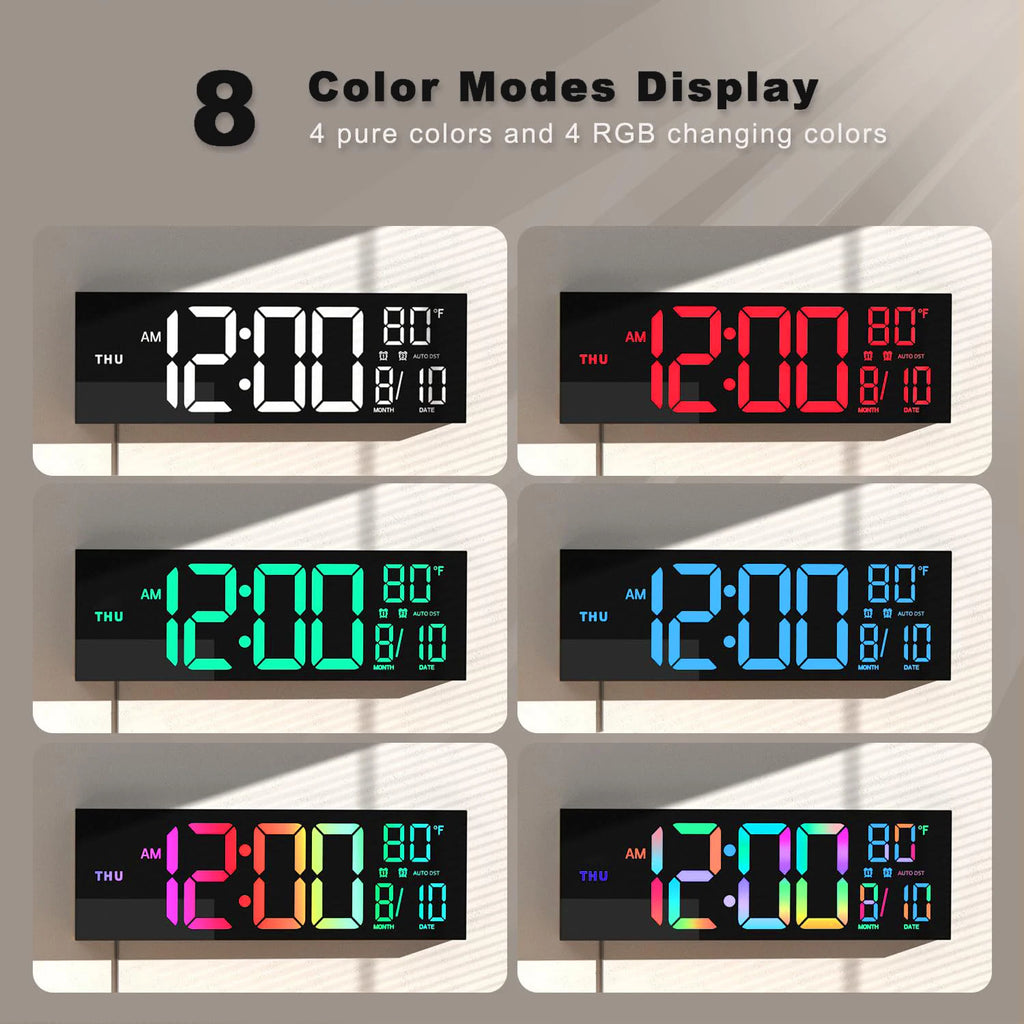 Digital clock with multiple color modes on a gray background