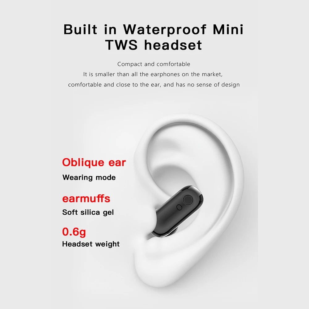 Wireless earbud with text detailing features on a light gray background