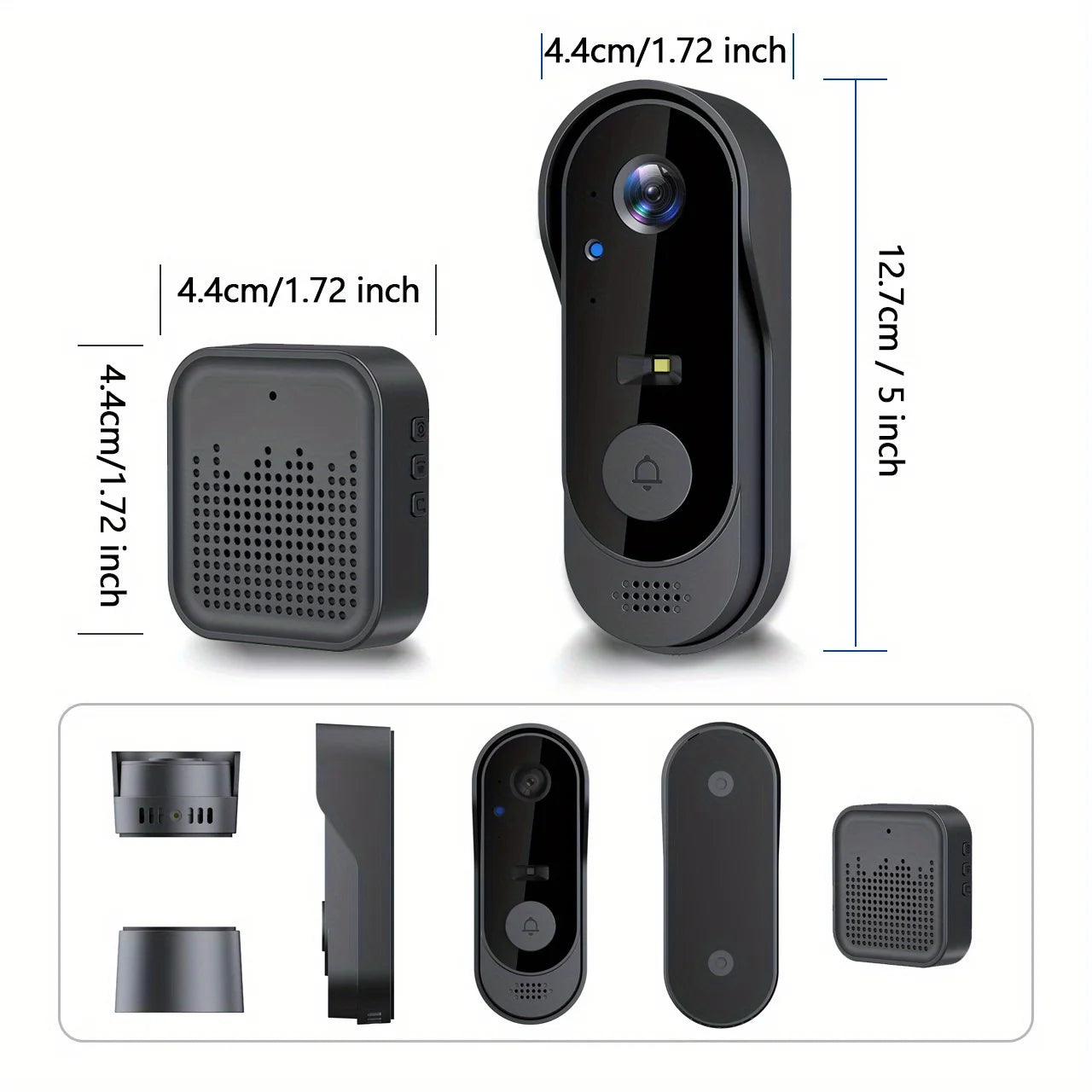 Black doorbell system with dimensions and additional components on a white background