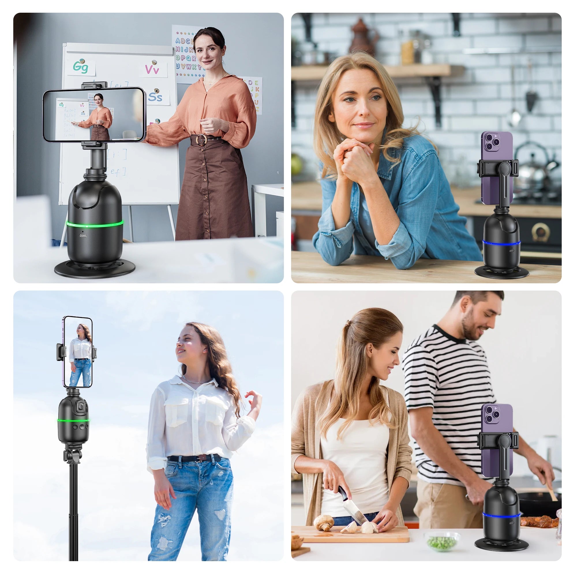 Collage of a smartphone holder with people using it in various settings.