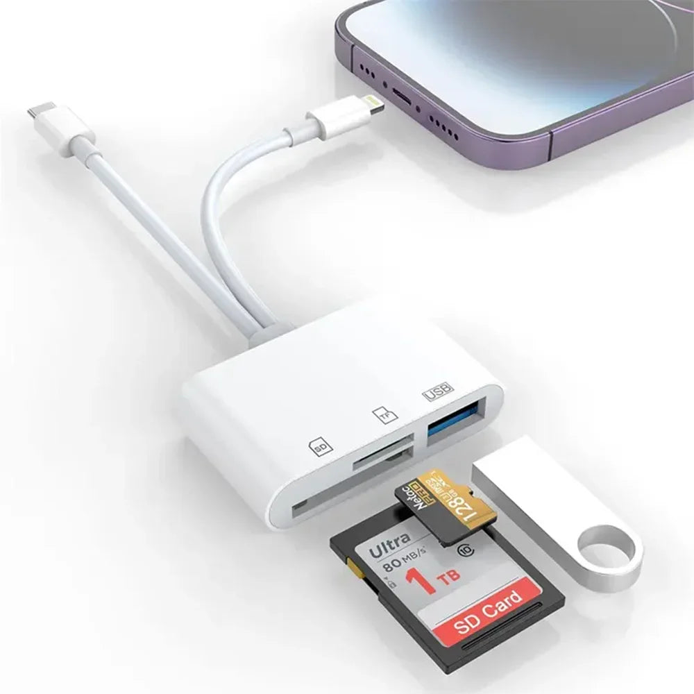 Close-up view of the multi-port card reader with USB, USB-C, Lightning, SD, and TF slots.