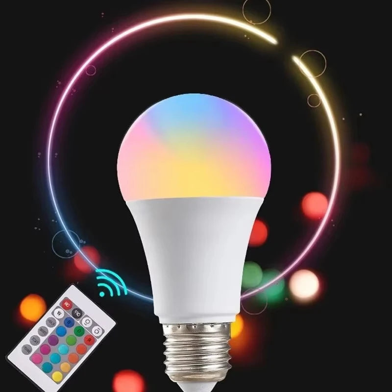 Smart light bulb with colorful lighting effect and remote control on a dark background