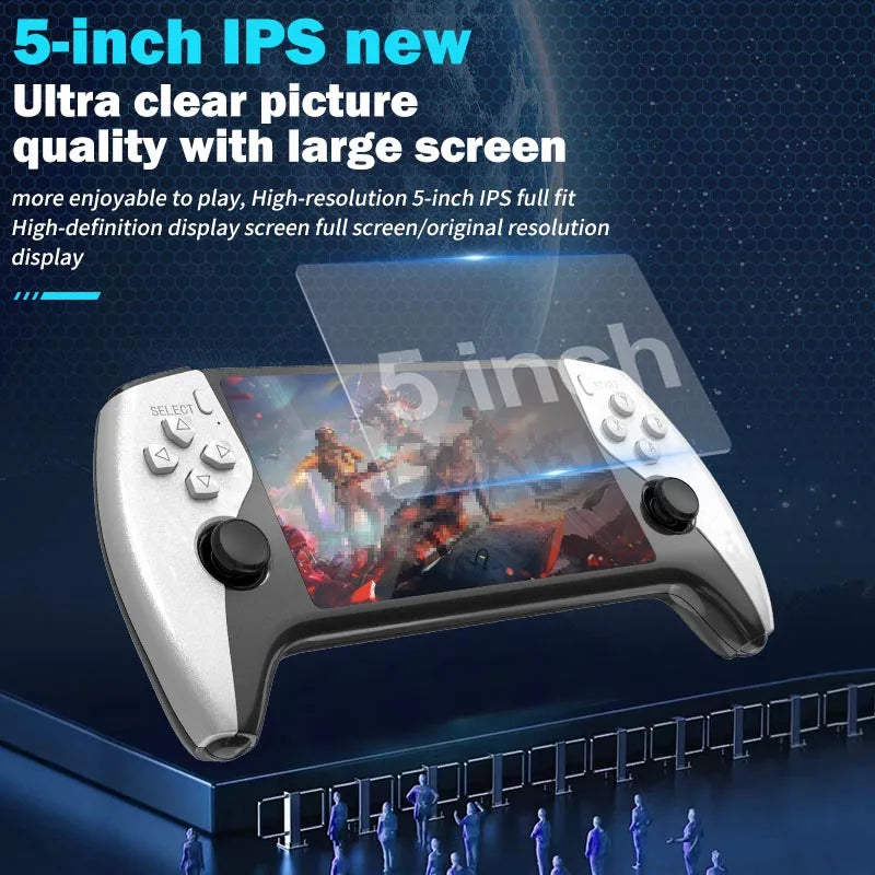 Gaming controller with 5-inch IPS screen displaying a game, on a dark blue background.