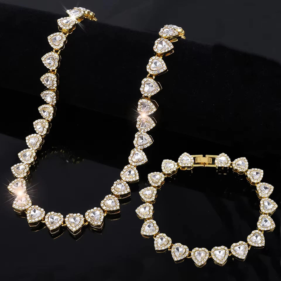 Gold-tone heart rhinestone necklace and bracelet set