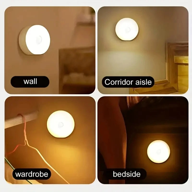 Light fixture shown in different settings: wall, corridor aisle, wardrobe, and bedside.