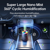 Car humidifier with 360-degree cyclic humidification technology in a car's cup holder.