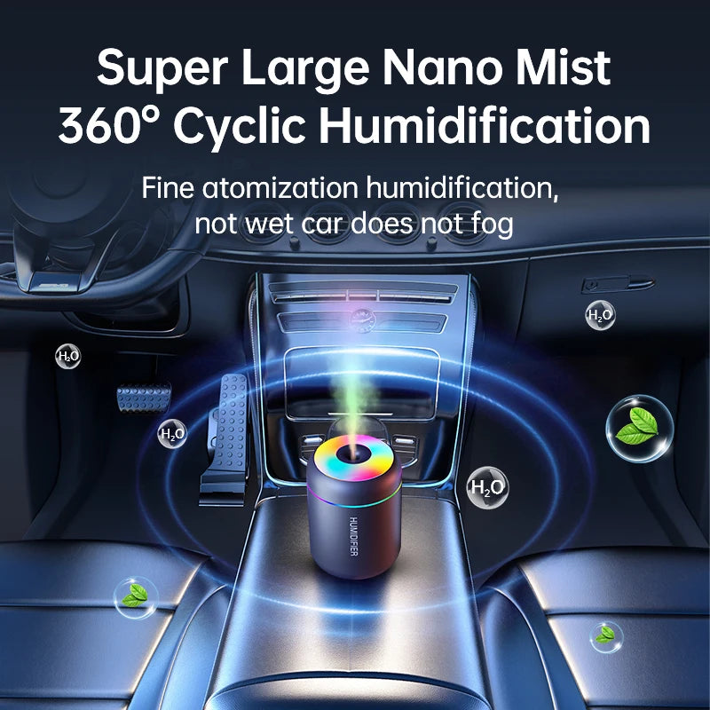 Car humidifier with 360-degree cyclic humidification technology in a car's cup holder.
