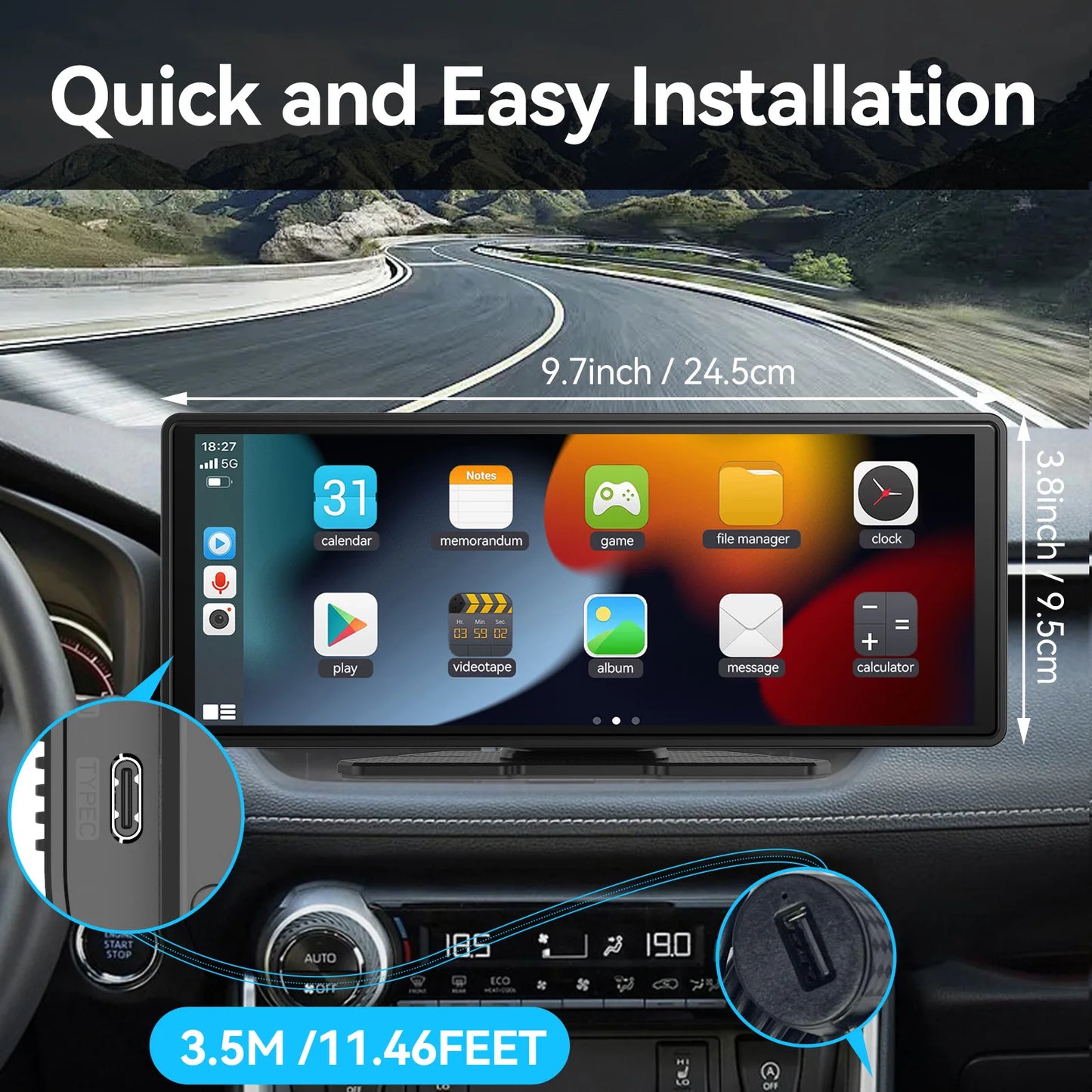 10" Smart Car Display – Wireless CarPlay & Android Auto, Touchscreen, Bluetooth, Backup Camera Ready