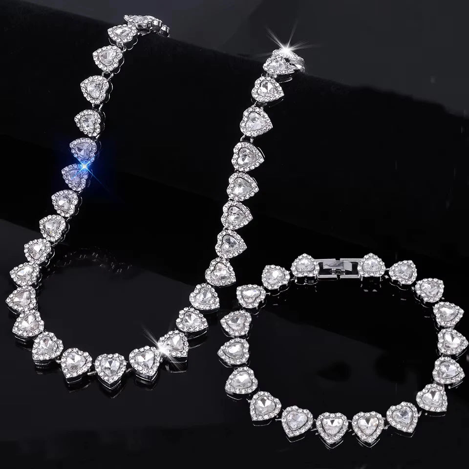 Silver-tone heart rhinestone necklace and bracelet set